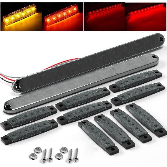 BJZ BJZ 2Pcs 16 Red 11LED Trailer Tail Lights Bar Brake Stop Turn Smoked Light Strip w/ 3.8 5 Amber 5 Red Side Clearance Marker Indicator Smoked Smoked Lens