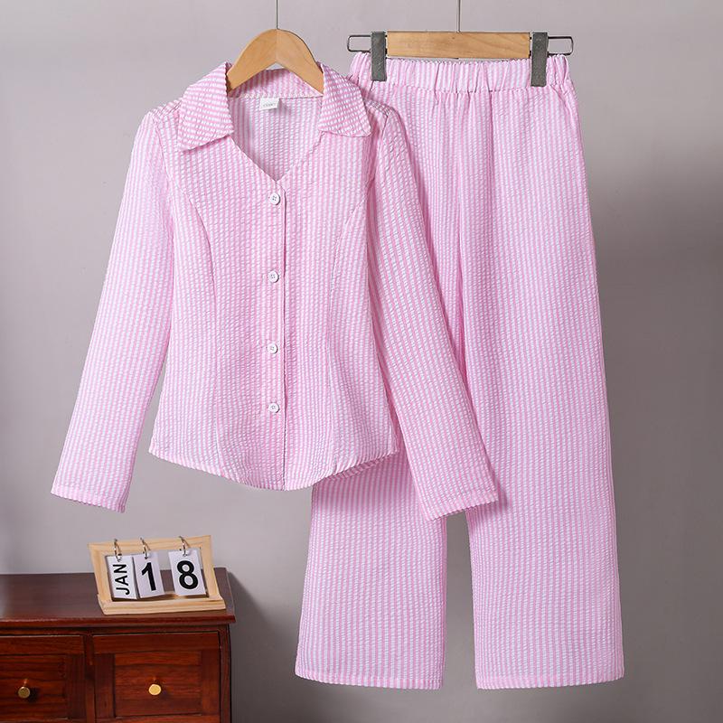 

Girls Korean Style Striped V-Neck Shirt & Pants Set - Casual, Long-Sleeved Two-Piece for Autumn 150cm=10Y рожевий