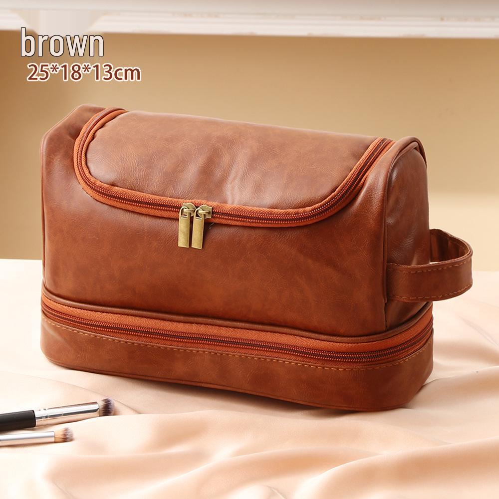 

Business Simple Portable Double-Layer PU Leather Wash Bag - Waterproof, Large Capacity Makeup Bag with Hook. коричневый