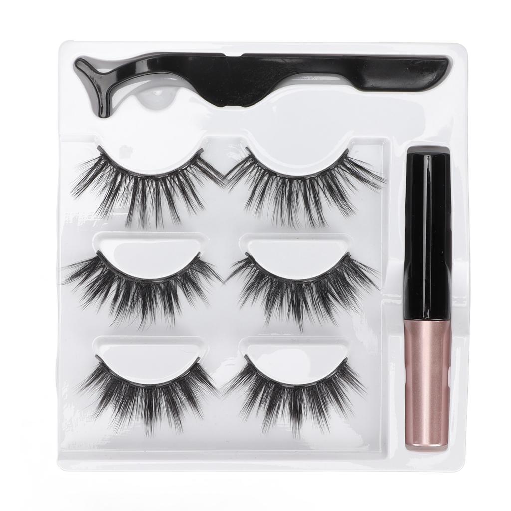 3 Pairs False Eyelashes Kit Glue Free Dense 6D Magnetic Eyelashes Kit for Stage Performance Daily Dating 5ml Eyeliner