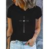 European Size Womens Cross Heart Print Short Sleeve Casual Round Neck T Shirt