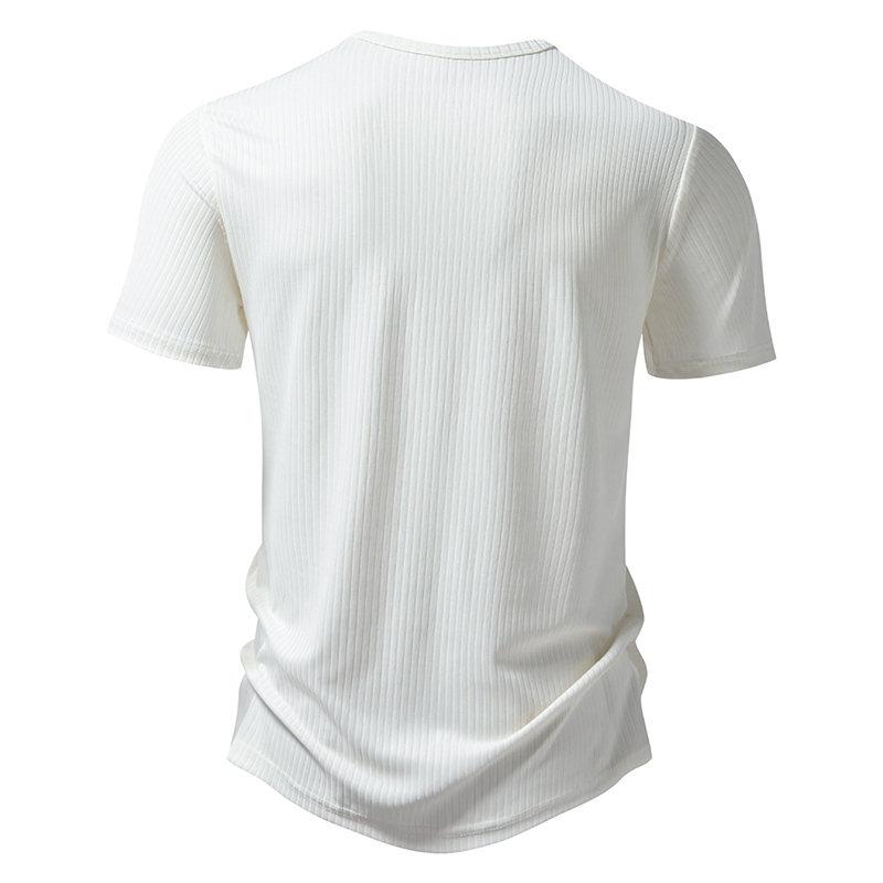 Nové letní pánské tričko Henry Collar s krátkým rukávem Jednobarevný pruh Ležérní Knoflíček Topy Trička Muž