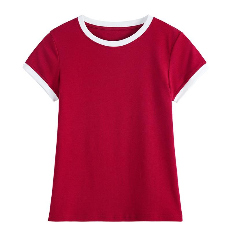 Women's Combed Cotton T-shirt Colour Blocking Short-sleeved Slim and Thin with Round Neck Bottoming Tops