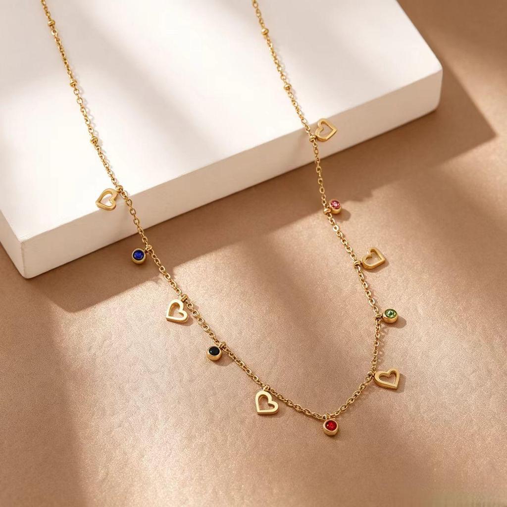 18K Gold Plated Titanium Steel Hollow Heart Necklace with Colored Zircon Tassels for Women - Colorfast Clavicle Chain