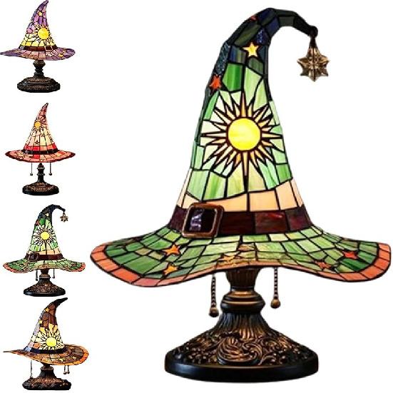 Witch Hat Lamps, Stained Glass Witch Hat Lamp with Mystical Charm, Lamps Stained Glass, Handmade Shape Gothic Lamp for Wiccans and Halloween Lovers,
