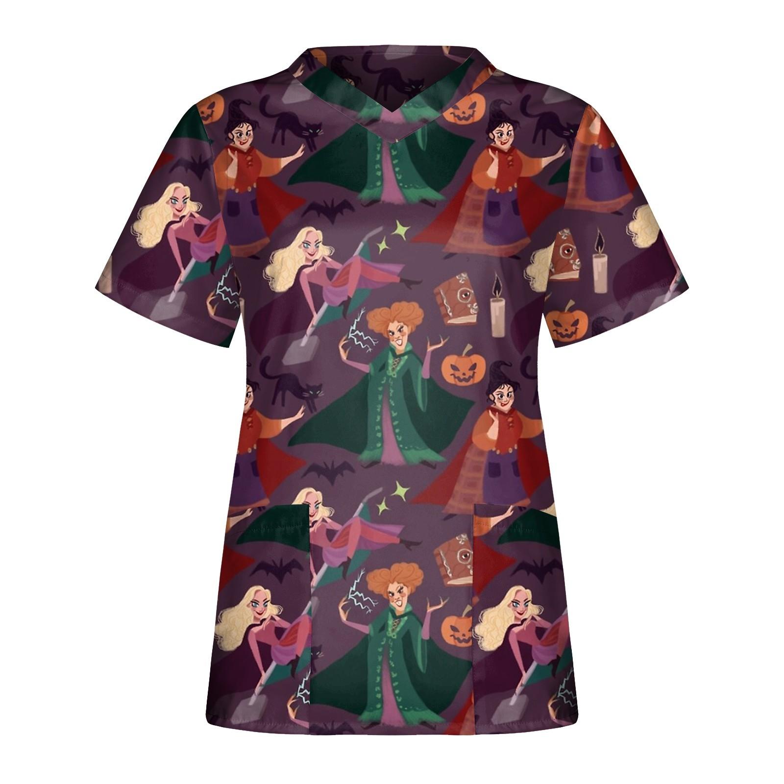 

Женские топы с короткими рукавами и v-образным вырезом с принтом на Хэллоуин, повседневные топы для спецодежды M винный