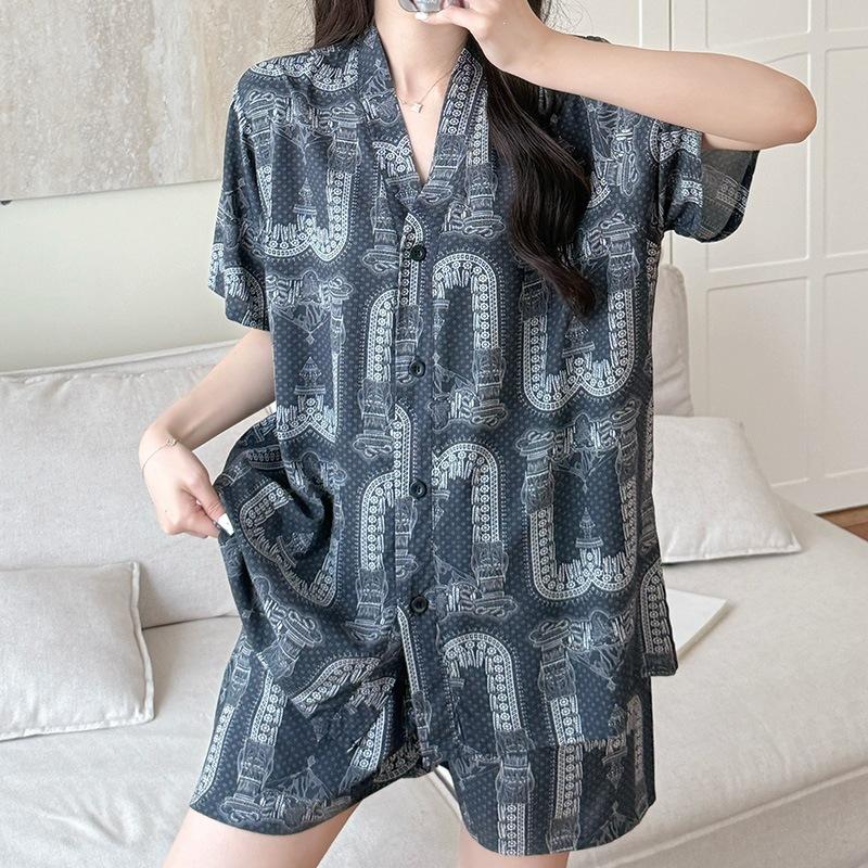 New Artificial Cotton and Silk Short-sleeved Shorts Summer Pajamas Women's Sweet Cardigan Casual Loungewear