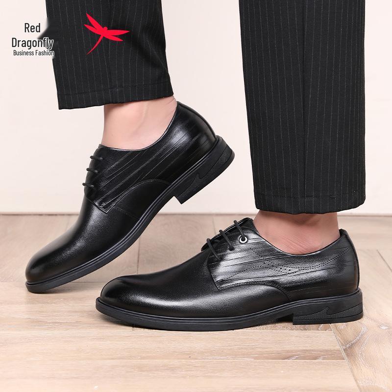 Red Dragonfly Men's Leather Business Shoes - Genuine Cowhide Soft Sole, Ideal for Spring/Autumn Office or Wedding.
