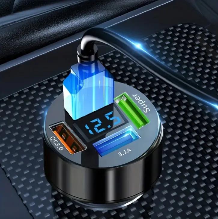 Fast Car Charger 4X Usb Qc 66W For Phone Tablet Led