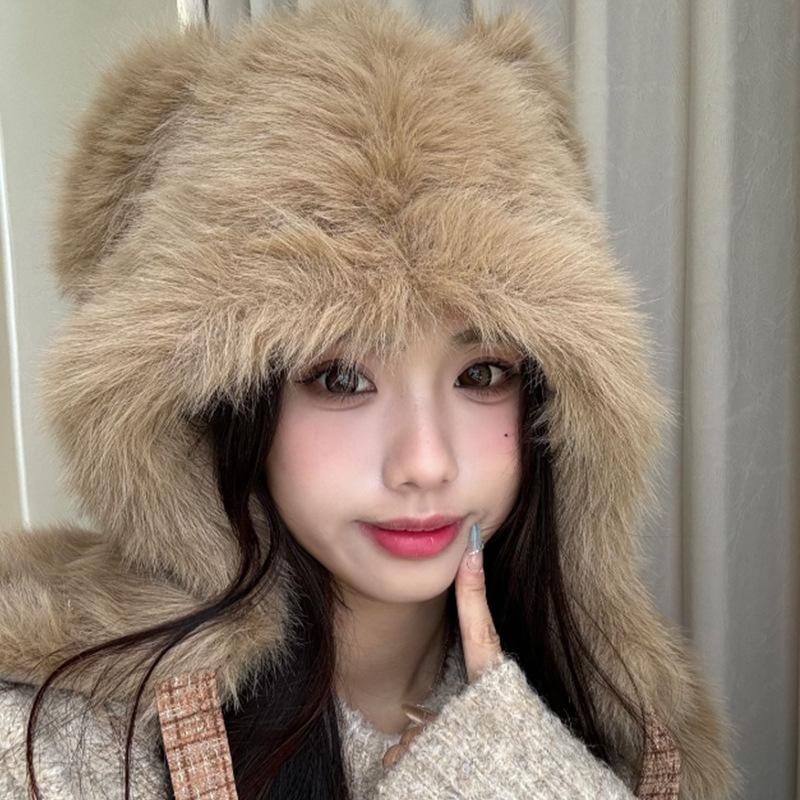 Cute Plush Bear Hat for Women In Autumn and Winter Fashion Thickened Warm Ear Protection Hat Scarf Integrated Windproof Lei Feng Hat