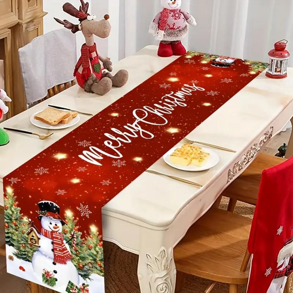 The Christmas Snowman Table Flag Is Red. Merry Christmas! Seasonal Winter Kitchen Table Decoration Is Suitable for Family Party