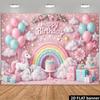 2D planar banner  dreamy and splendid birthday background  soft pink walls  rainbow arch  white unicorn
