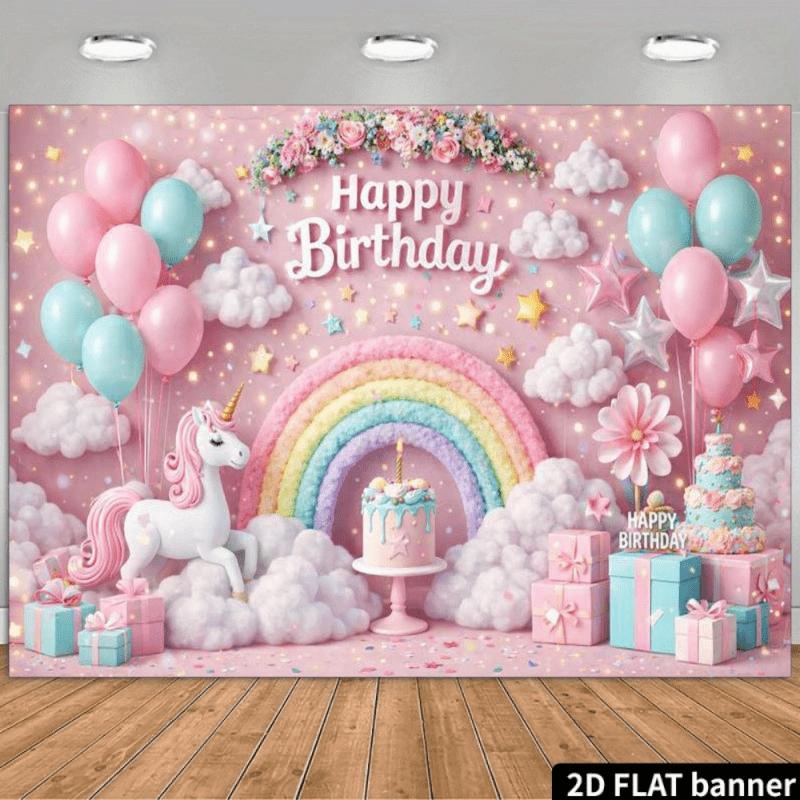 2D planar banner  dreamy and splendid birthday background  soft pink walls  rainbow arch  white unicorn