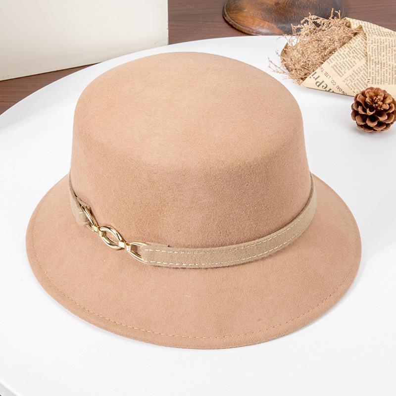 Rongmei autumn and winter new belt metal ring woolen women's bucket hat versatile British French felt hat
