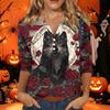 Women's Halloween Printed V-Neck Short Sleeve Tunic with Button and 3/4 Sleeves for Casual Fall Wear