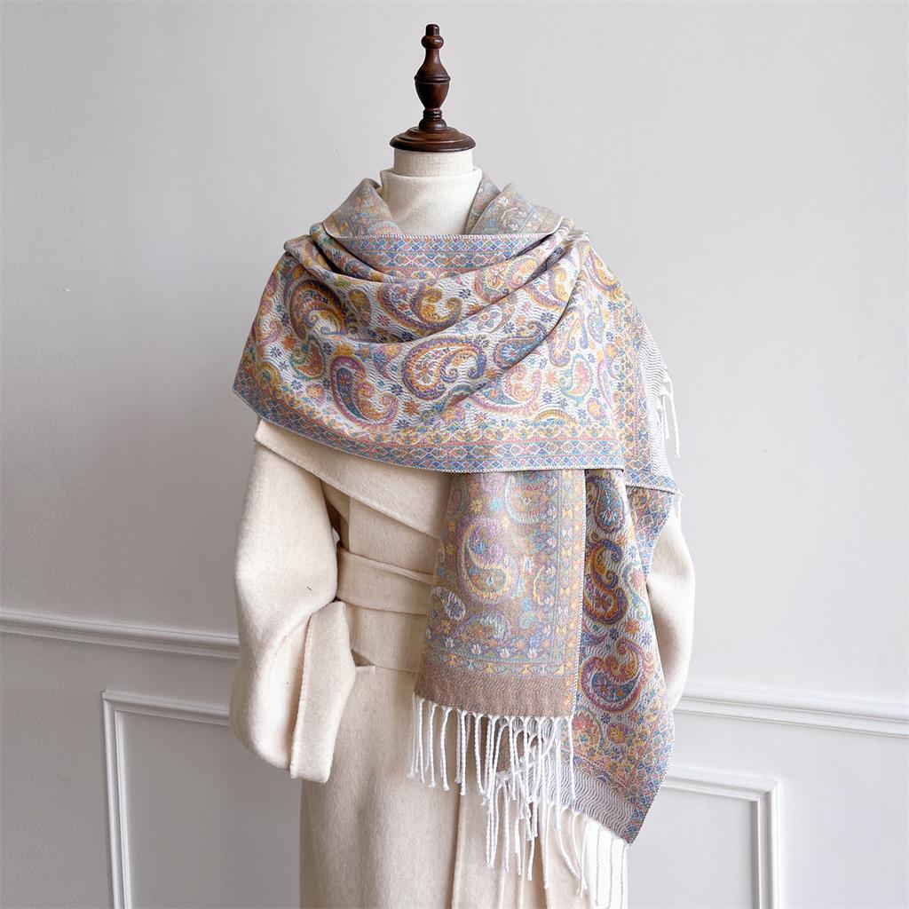 Scarf Women'S Spring And Autumn Retro Versatile Cashew Nut Jacquard Ethnic Style Scarf Long Fringed Travel Shawl