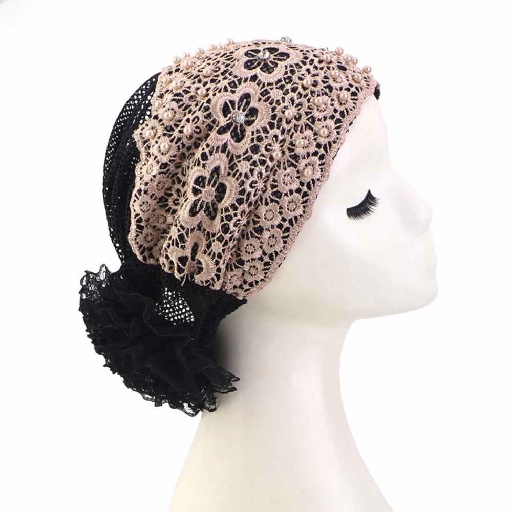 Casual Lace Embroidered Turban Hat Floral Beaded Ready To Wear Muslim Chemo Cap Vintage Lace Pearl Lace Bonnet Female