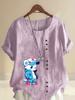 Women's Fashion Blue Bear Print Shot Sleeve T-shirt Loose Cotton Shirt Casual Loose Summer Blouse Tops Plus Size