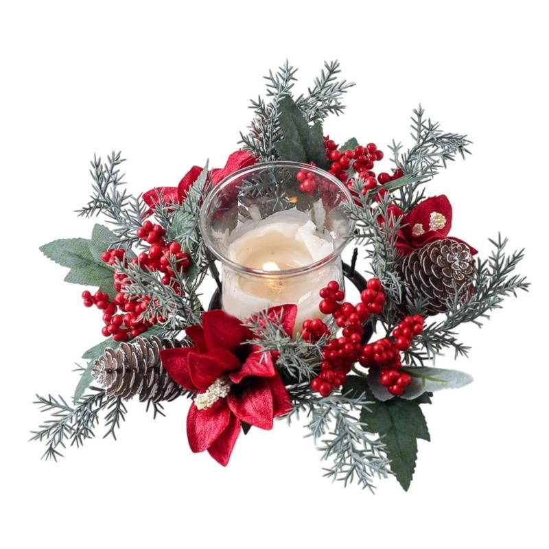 Door Wall Window Christmas Ornament Artificial Pinecone Candlestick Wreaths with Red Berries & Leaf Table Centerpiece