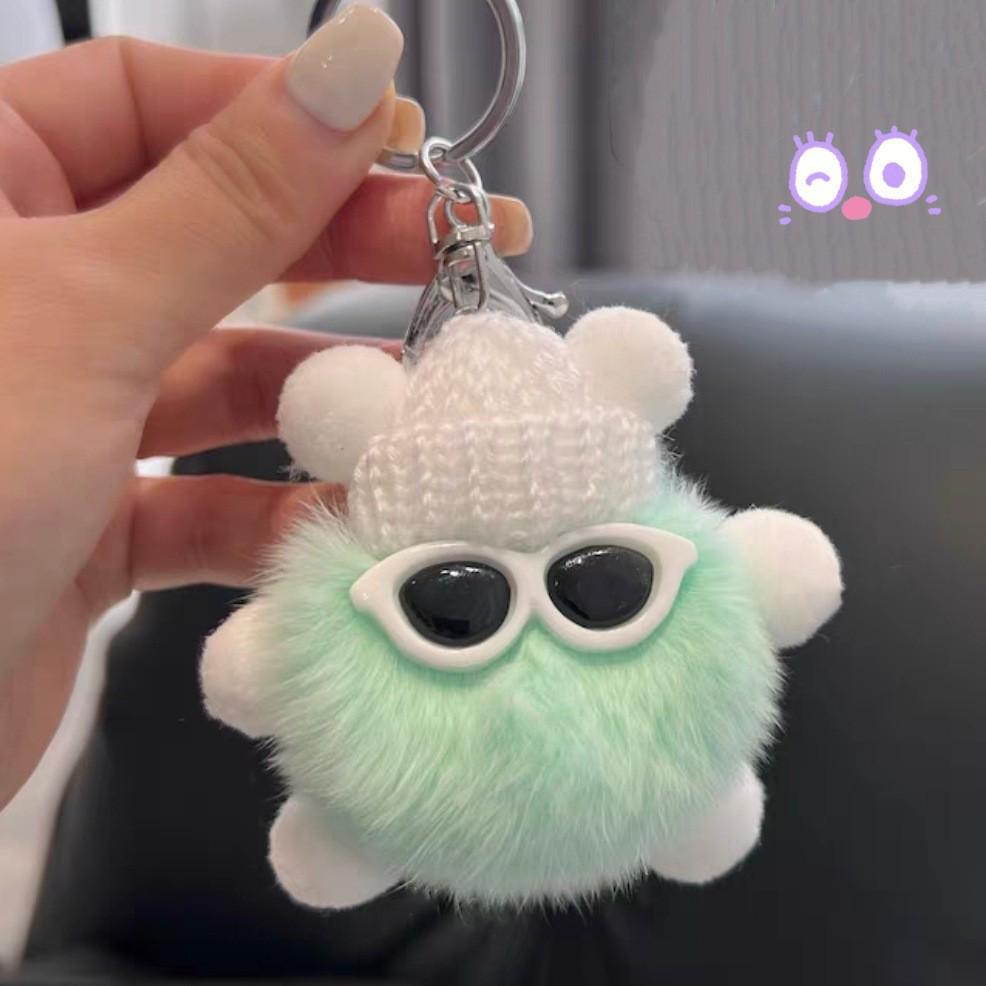 Faux Fur Plush Ball Keychain Ornament - Cartoon Doll Design
