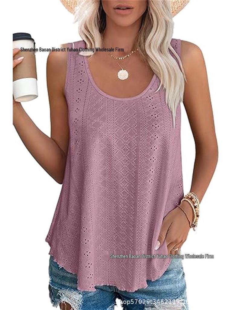 2024 Spring/Summer Sleeveless Hollow Jacquard Top - Women's Casual Round Neck Vest