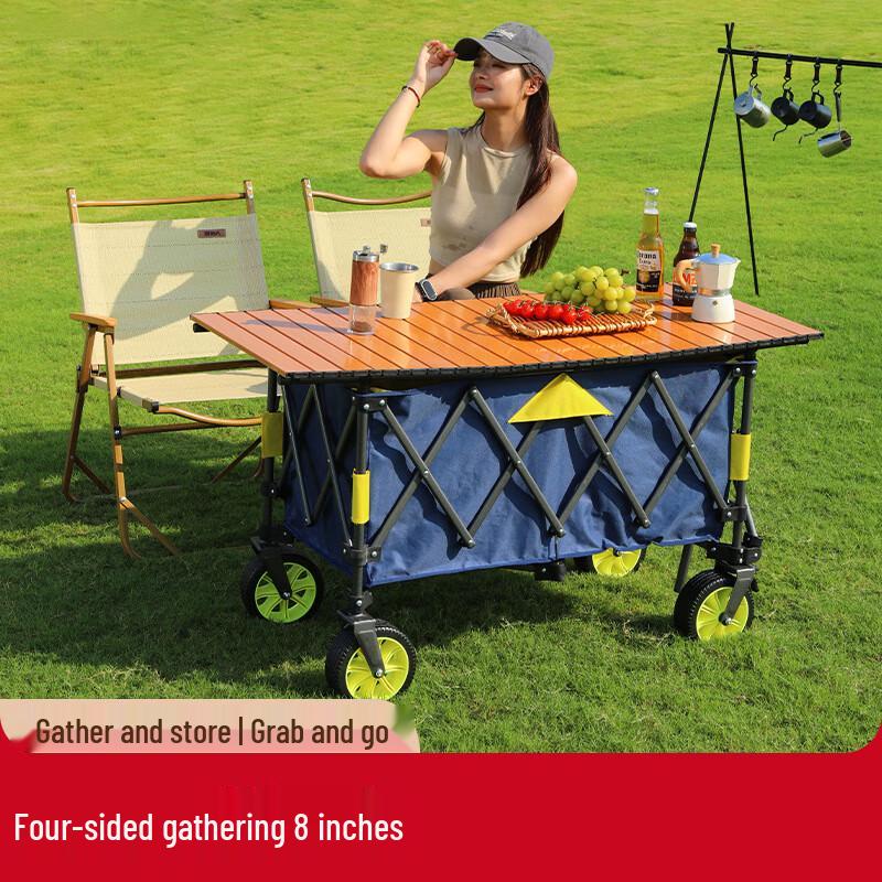 OEING Foldable Camping Cart with Liftable Wood Tabletop
