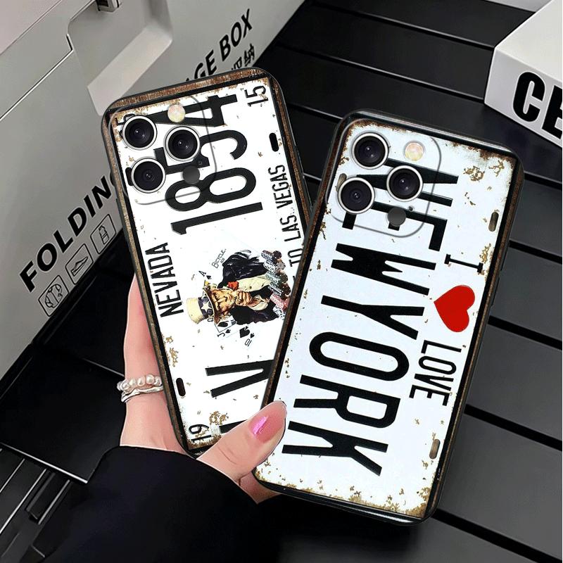 Retro Vintage License Plate Soft Phone Case for iPhone 16 16E 17 Air 15 Pro Max 14 Plus 13 Mini 11 12 7 Black Cover Back Shell