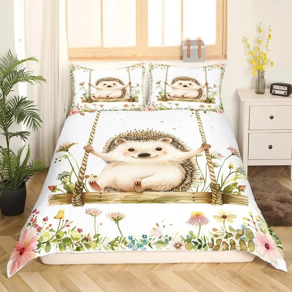 Cartoon Igel Bettbezug Queen Aquarell Batik Boho Bettwäsche-Set, Wildtiere Blumen Bettdeckenbezug Floraler Quiltbezug