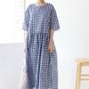 New Arrivals Open Run Women Loose Fit Check Pattern Short Sleeve Long Dress Cotn