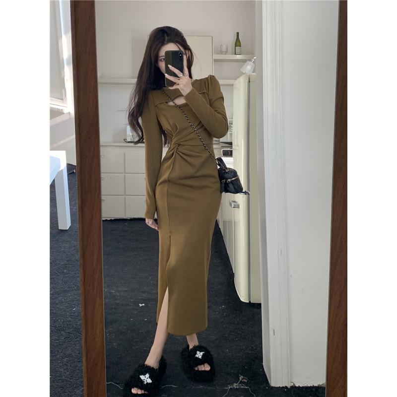 Black dress women's spring and autumn waist design temperament Muse Fan hollow pure split skirt
