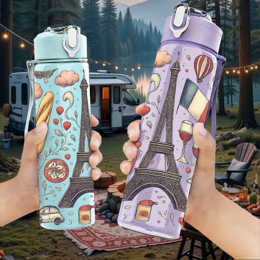 1PC Eiffel Tower Paris City Print 750ml Color Plastic Sports Water Bottle Leakproof Flip Straw Lid Suitable for Sports Office Home Use