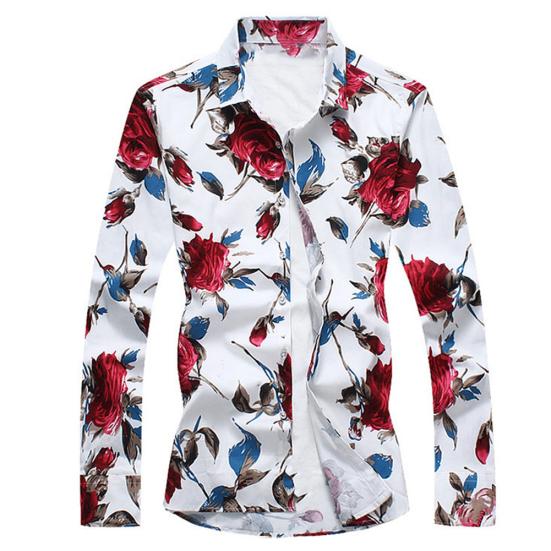 Plus Size Men's Flower Print Slim Fit Shirt Turn Down Collar Long Sleeve Top