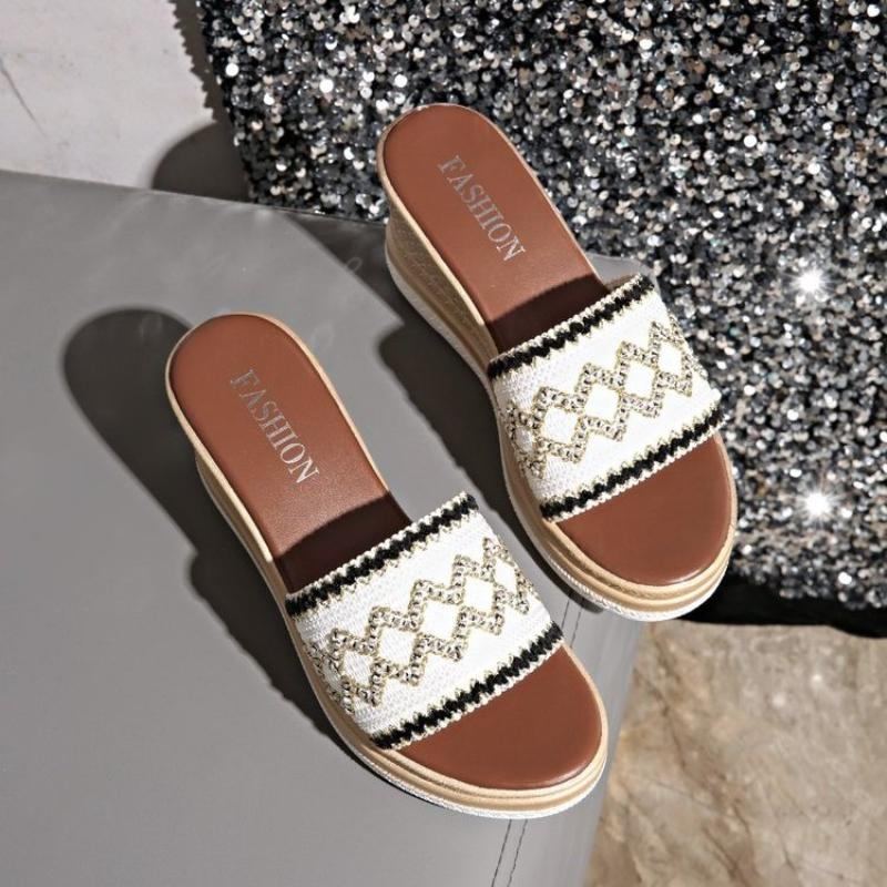 Bohemian Striped Braided Wedge Sandals Women Summer Thick Sole Outdoor Beach Slides Woman Plus Size 43 Fashion Platform Slippers