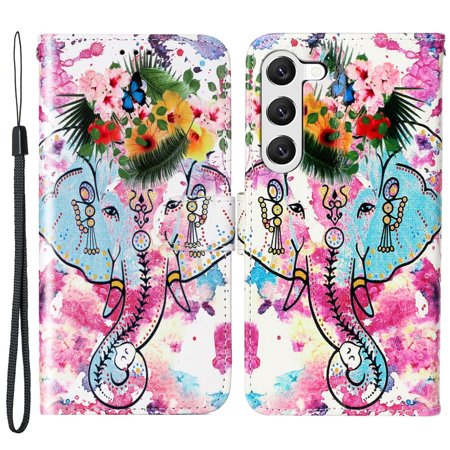 

For Samsung Galaxy S24 Cover Pattern Printing Leather Wallet Flip Stand Phone Case Flower Elephant