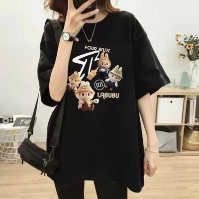 LABUBU Bedrucktes Damen-Rundhals-Kurzarm-Mode-Vielseitiges LABUBU Cartoon-Muster T-Shirt Sommerlich Lässig Streetwear Top