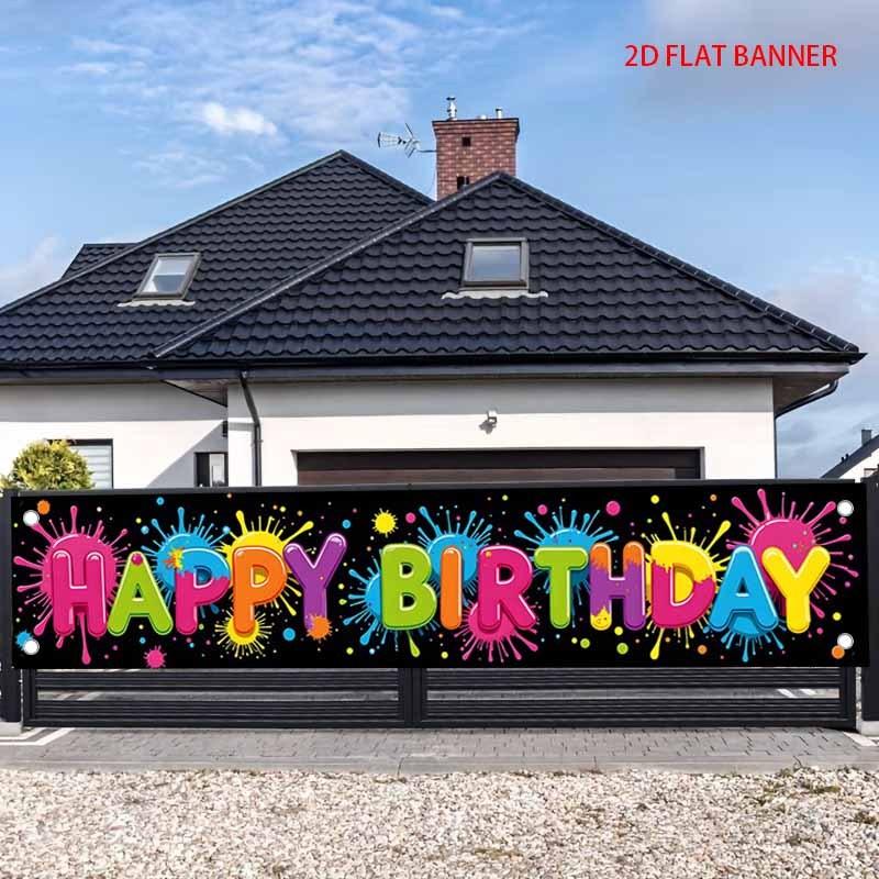 Happy Birthday Fence Banner Ink Splatter Decorate Lively Outdoor Yard Decor