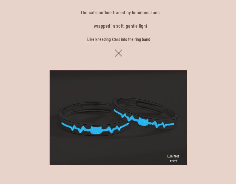Korean Style Sterling Silver 999 Luminous Heartbeat Kitten Couple Rings