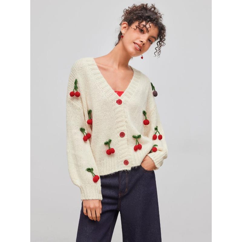Women's Autumn and Winter New Sweet and Spicy Style V-neck Woolen Knitted Cardigan Loose Trend Cherry Decoration Single-breasted Woolen Knitted Tops