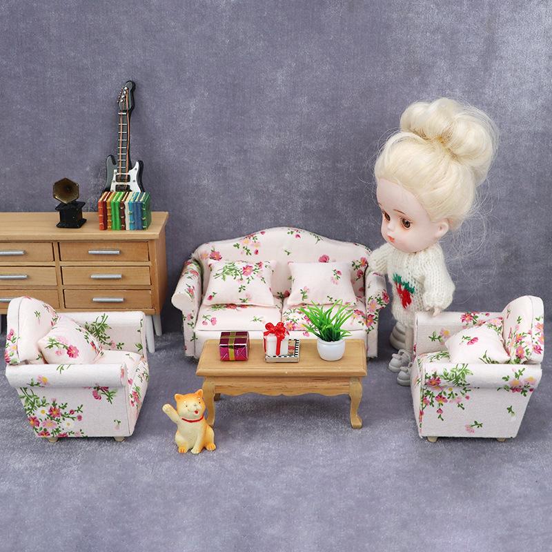 1:12 Dollhouse Miniature Floral Sofa Cover with Cushion in Pink-Green Flower Cluster Design
