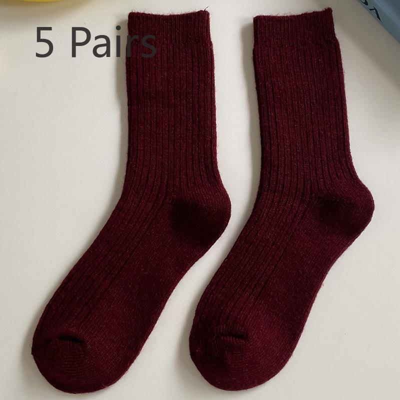 5 Pairs of Women Autumn and Winter New Solid Color Wool Retro Warm Tube Stack Socks