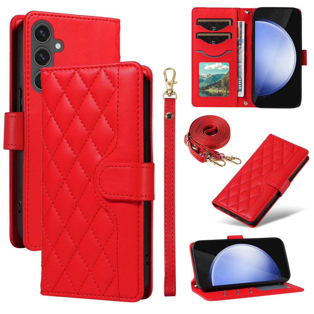 For Samsung Galaxy S24 FE Case Wallet Rhombus Leather Phone Cover with Shoulder Strap,Wrist Strap