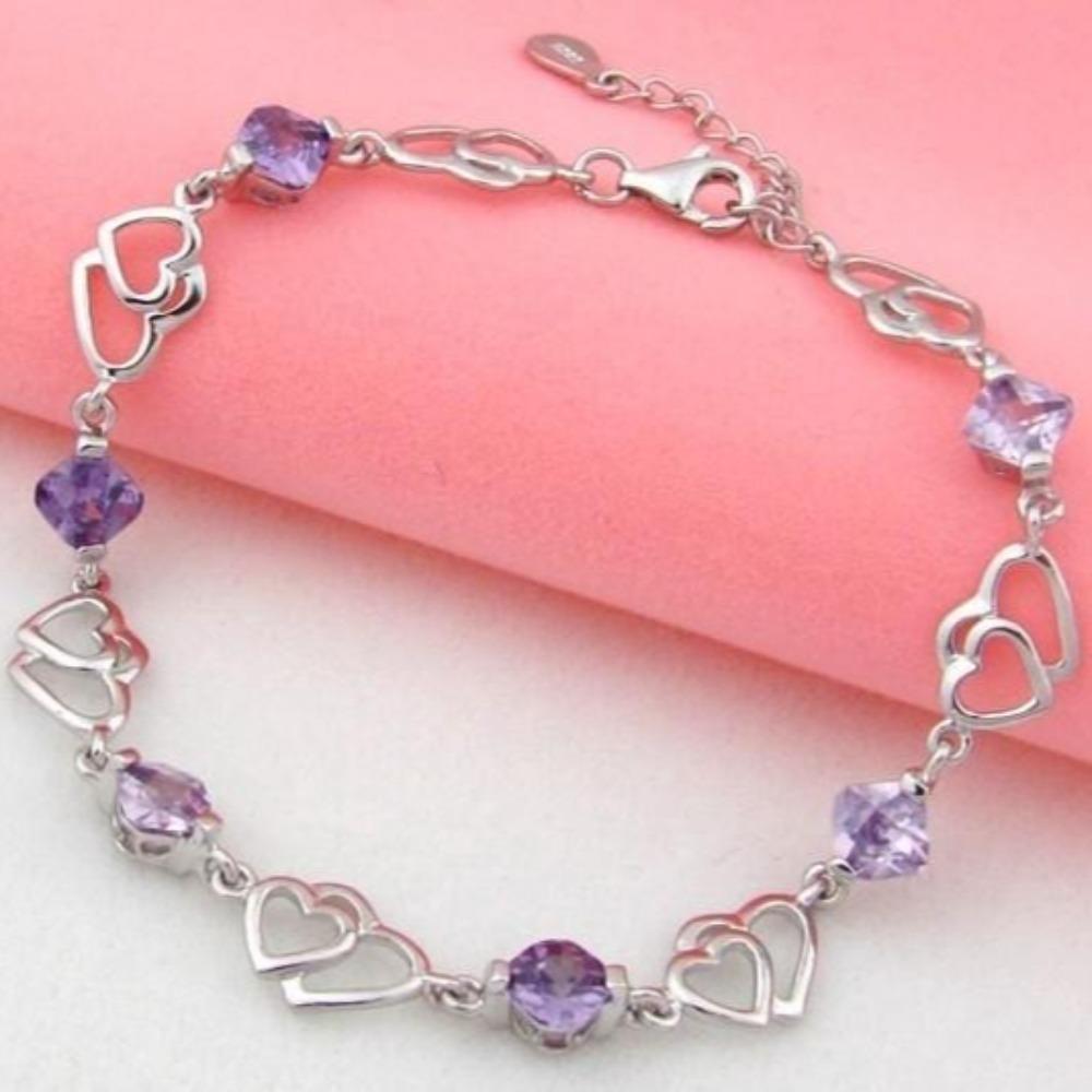 Double Heart Amethyst Bracelet Silver Plated Jewelry Elegant Wrist Accessory for Women