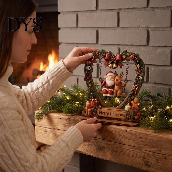 Wooden Heart Shaped Ornaments Christmas Santa Claus Ornament, Vintage 2D Flat Wreath Holiday Home Accents Desktop Plaque, Decoration for Shelf, Table,