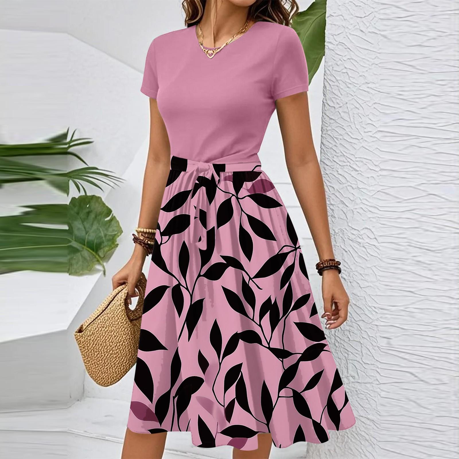 

Женское повседневное модное элегантное платье с поясом и цветочным принтом, коротким рукавом и круглым вырезом XL светло-розовый