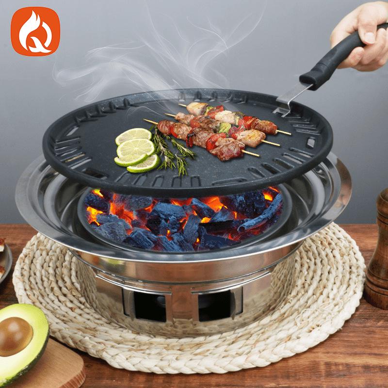 Portable Korean-Style Charcoal BBQ Grill with Baking Pan and Grill Net for Home and Outdoor Use