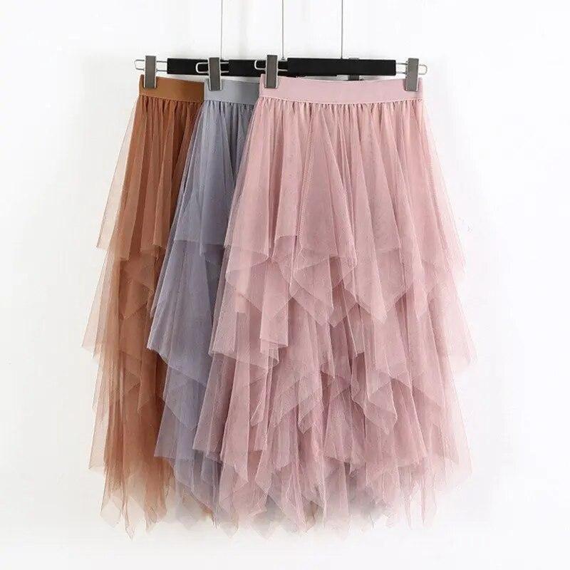 Elastic High Waist Long Tulle Skirt Women Irregular Hem Mesh Tutu Skirt
