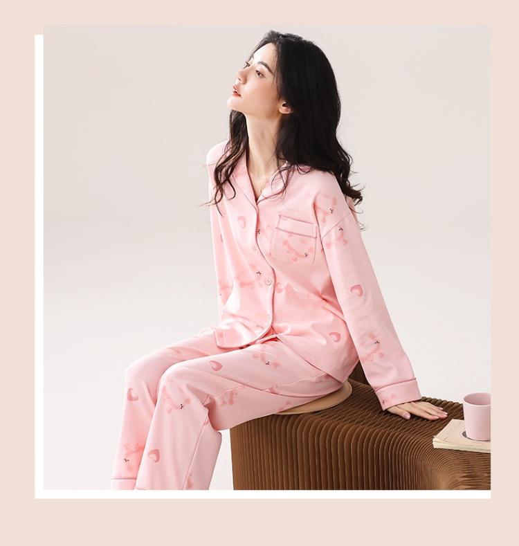 Autumn and winter pajama set for women, pink printed pure cotton long-sleeved V-neck home outfit