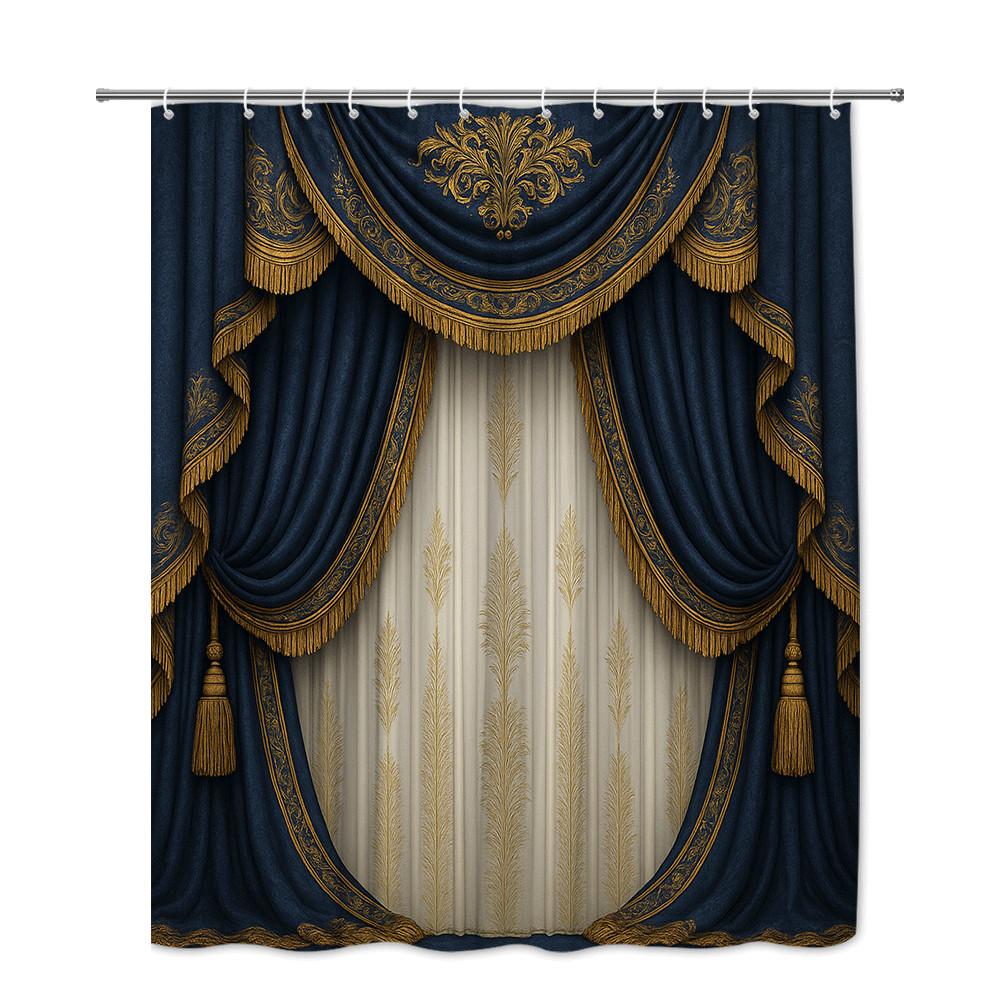Royal Blue Gold Embroidered Theater Shower Curtain Machine Washable All Season Waterproof Privacy Protection Design Elegant