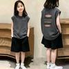 Girls' Sleeveless Cotton Vest & T-Shirt Set - Casual Summer Two-Piece for Medium & Large Girls