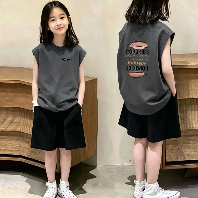 Girls' Sleeveless Cotton Vest & T-Shirt Set - Casual Summer Two-Piece for Medium & Large Girls